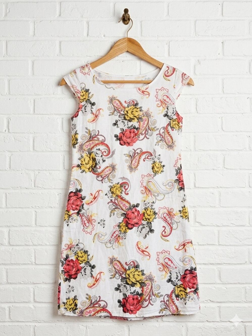 Boho Linen Paisley Floral Shift Dress w/ Pockets Soft Sports Aesthetic Resort sm
